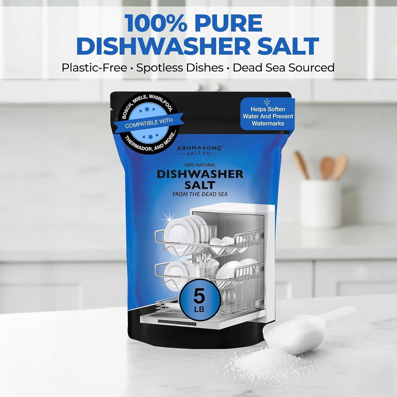 Aromasong Dishwasher Salt 5 lb - Natural Water Softener Salt for Cleaner Dishes and Spot-Free Finish