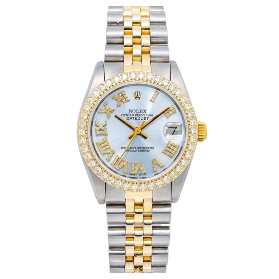 Pre-Owned Rolex Datejust 31MM 6827 Ice Blue Roman Diamond Dial Diamond Bezel Two Tone Yellow Gold Jubilee Bracelet