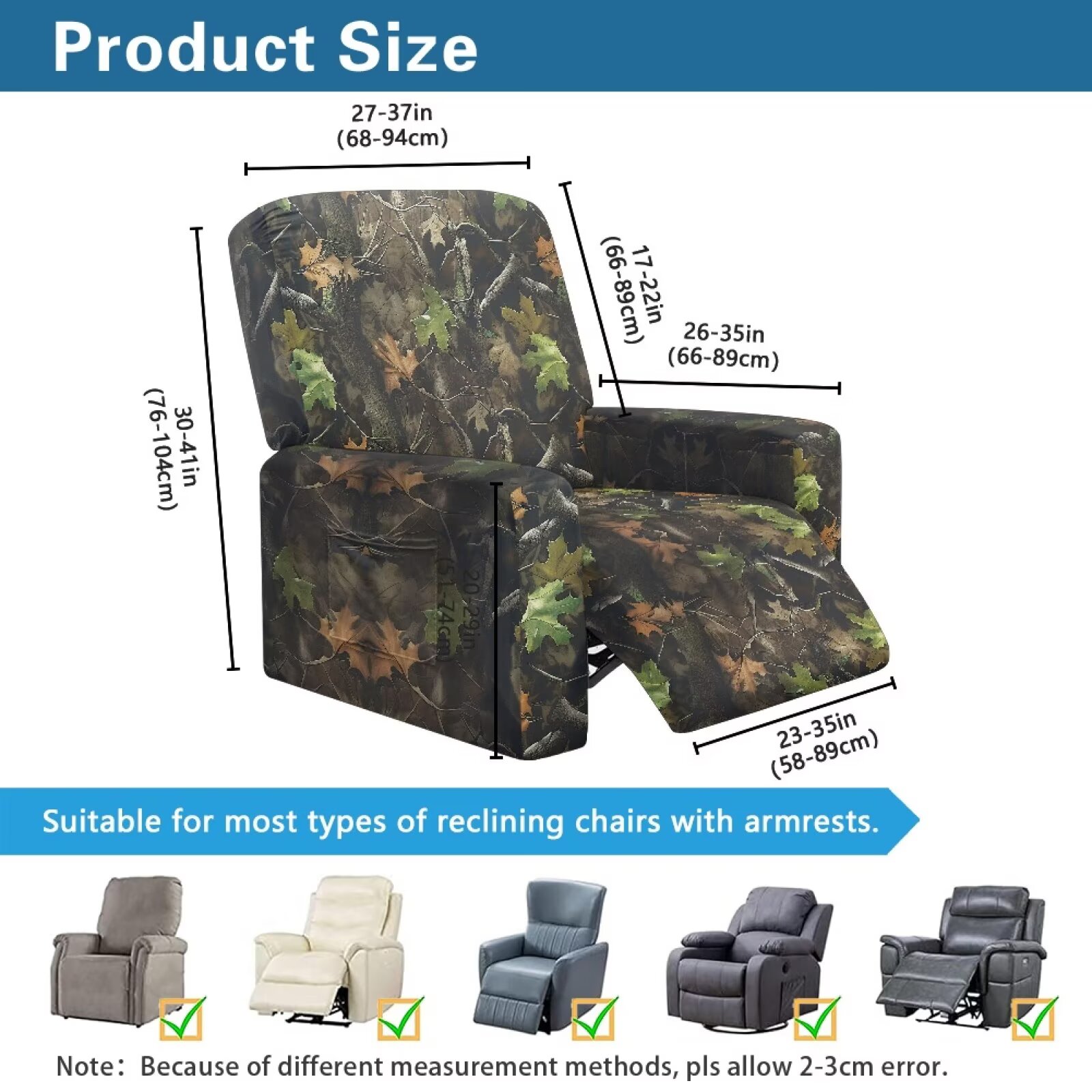Yuyamidu Camo Recliner Covers That Stay in Place Hunting Branch Recliner Sofa Slipcovers with Pocket Comfortable Lazy Boy Chair Cover for Pet Gift for Friends