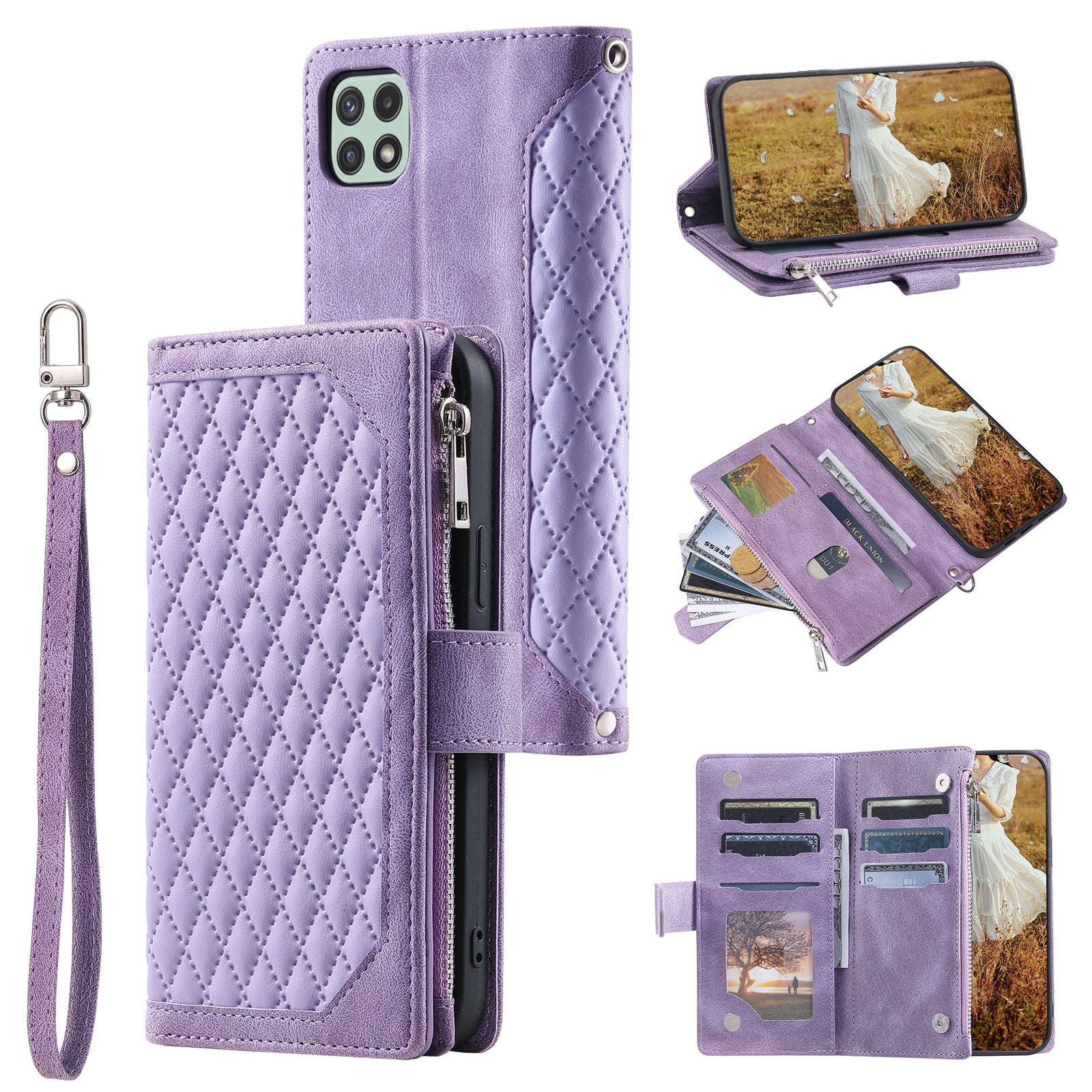 Wallet Case for Samsung Galaxy A12 5G (6.5 Inch) with Kickstand Card Slots Wrist Strap Case, Magnetic Shockproof Flip Phone Cover for Samsung Galaxy A12 5G,Purple