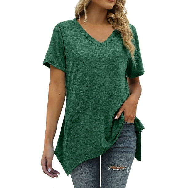 Gibobby Camisetas Mujer Baratas Manga Corta Camiseta suelta informal con cuello en V para mujer, blusa manga corta con estampado(Verde,XL)