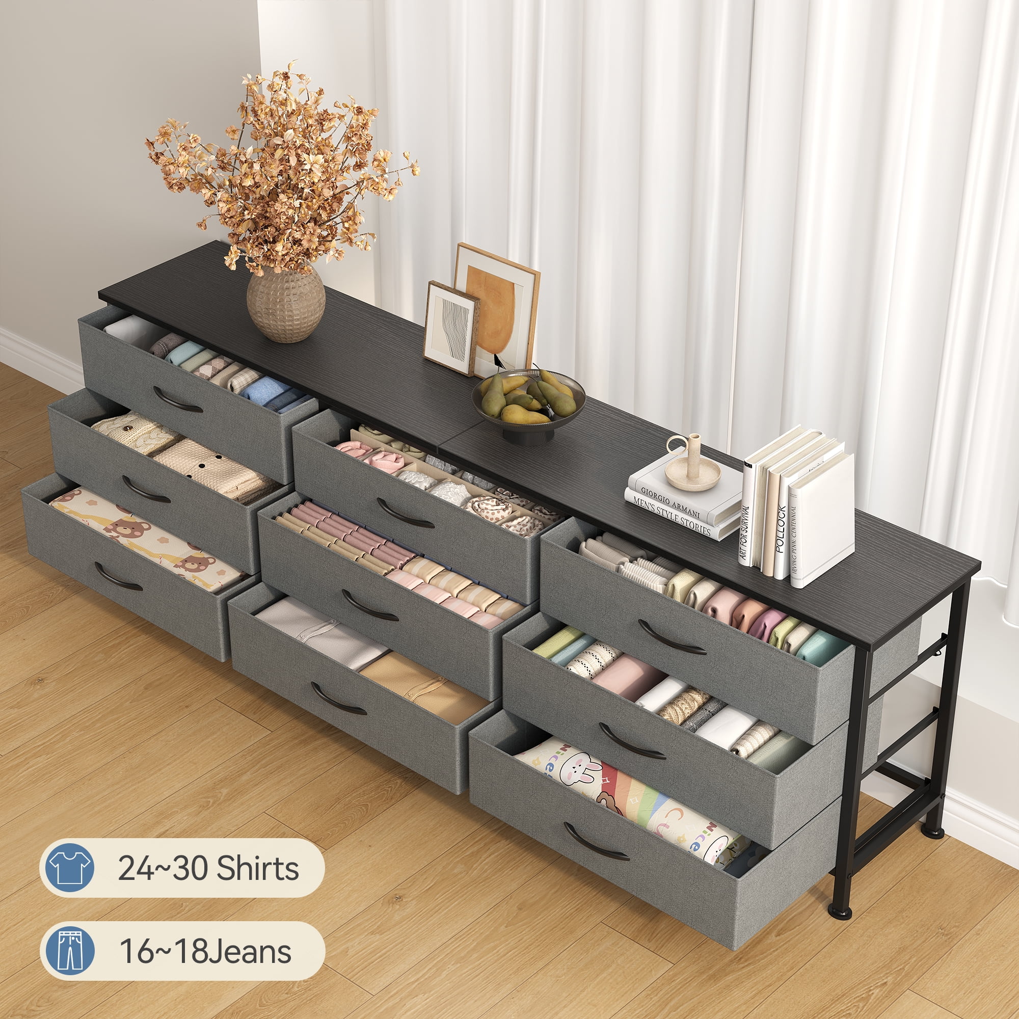 JIOABL 66 inch Wide TV Stand Dresser, 9-Drawer Storage Cabinet for 75 inch TV, Entertainment Center with Wood Top for Living Room, Grey