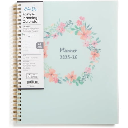 2025-2026 Weekly and Monthly Academic Year Planner Calendar July 2025 - June 2026 8.5 x 11 Flexible Cover Wirebound Laminated Tabs Storage Pocket Laurel