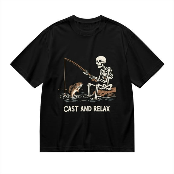 T Shirt for Men, Cast And Relax,Skeleton Fishing Print, Vintage Graphic Tees Men, 23986124,S