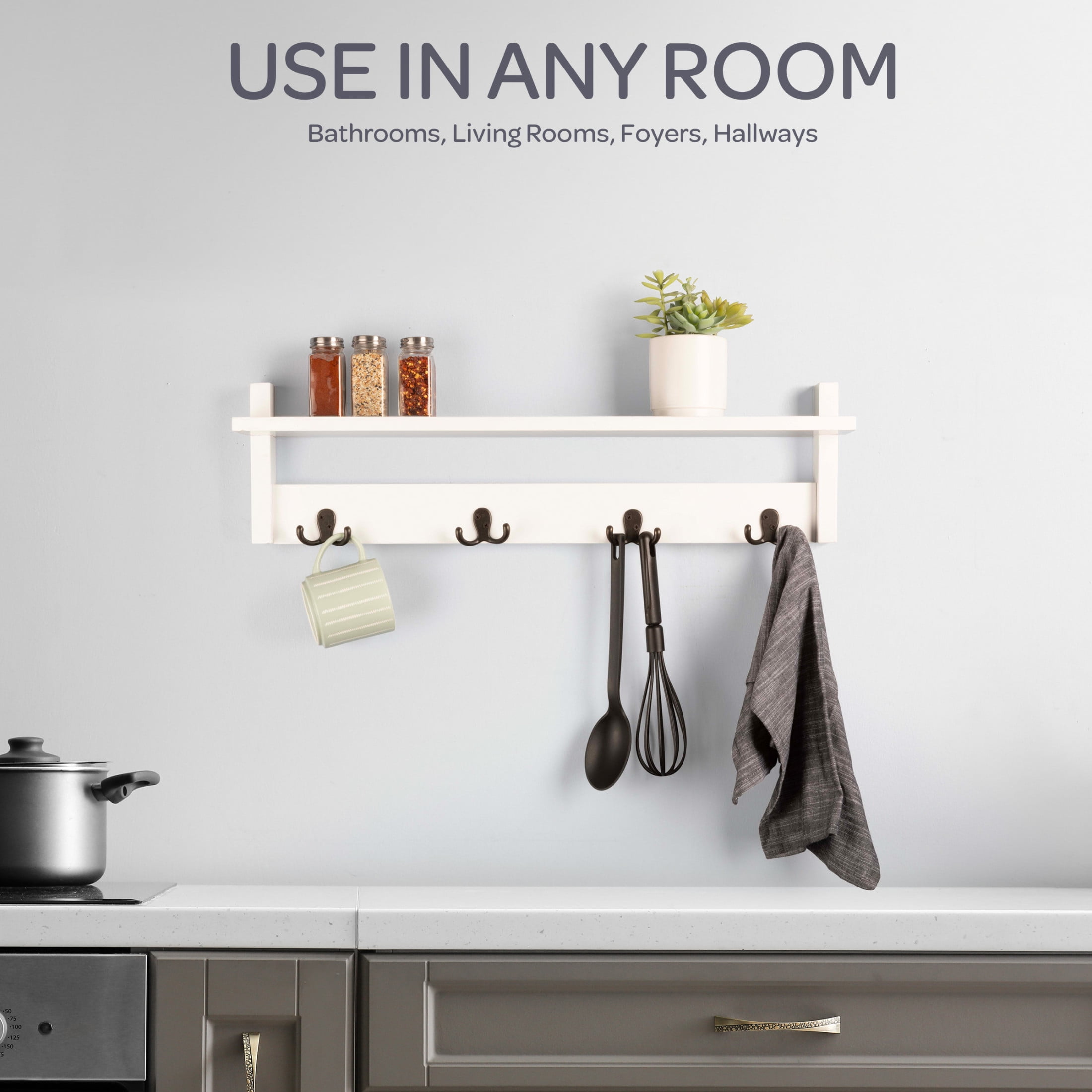 Lavish Home Coat Rack with Shelf - Wall Mount Shelf with 4 Hooks (White)