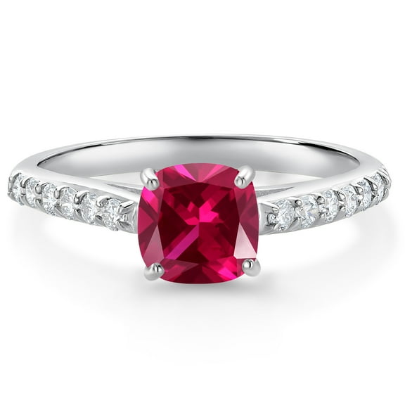 Gem Stone King 10K White Gold Red Created Ruby and White Lab Grown Diamond Engagement Ring for Women (1.18 Cttw, Gemstone July Birthstone, Cushion 6MM, Size 7)