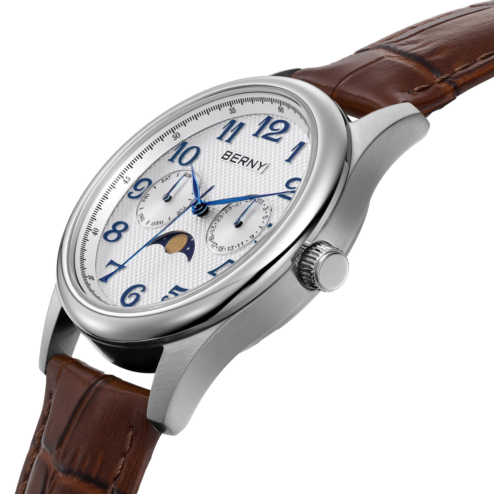 BERNY Dress Watches for Men, MultiFunction Leather Watch with Moon Phase, Day & Date Calendar, Stainless Steel Case, Easy to Read, Waterproof, Classic Analog Quartz Wrist Watch (White)