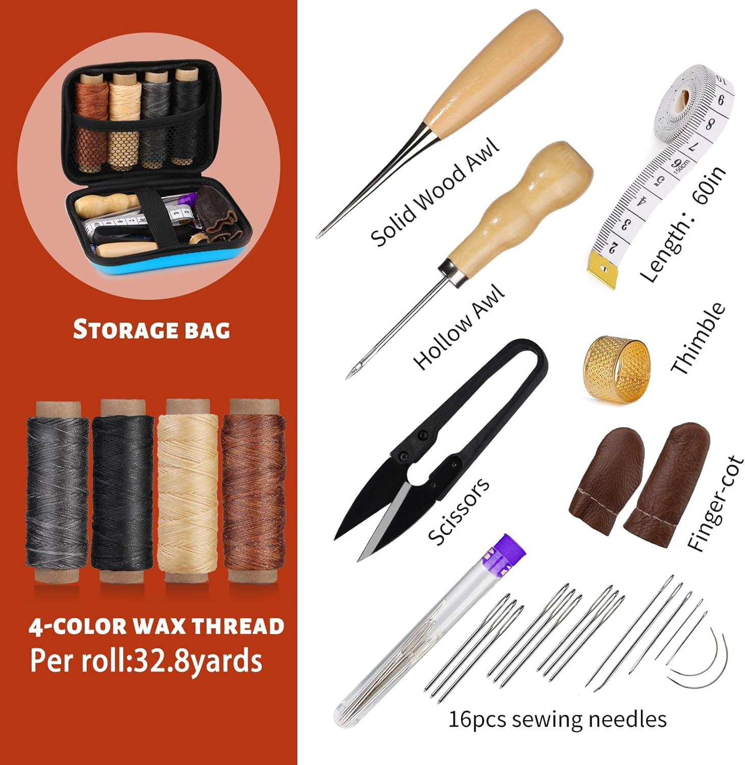 Leather Sewing Kit, Leather Stitching Kit with Sewing Awl, Needles, Waxed Thread, Upholstery Repair Kit, Heavy Duty Sewing Tools for Hand Stitching Car Seats, Sofa, Carpets, Shoes, DIY Craft