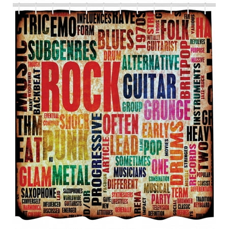 Music Shower Curtain Retro Rock And Roll Symbol Lettering Grunge