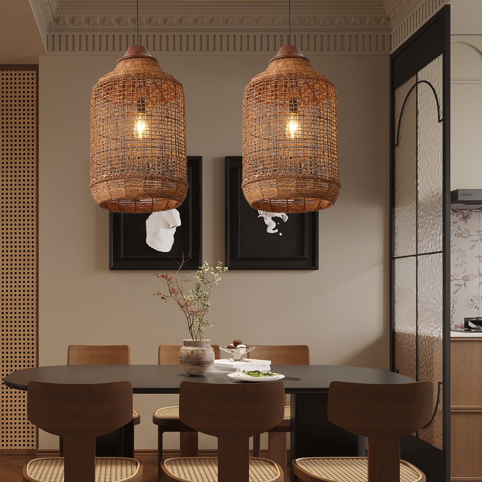 LittleGlovo Oversize Wabi-sabi Kitchen Island Light Large Rattan Pendant Light Fixtures