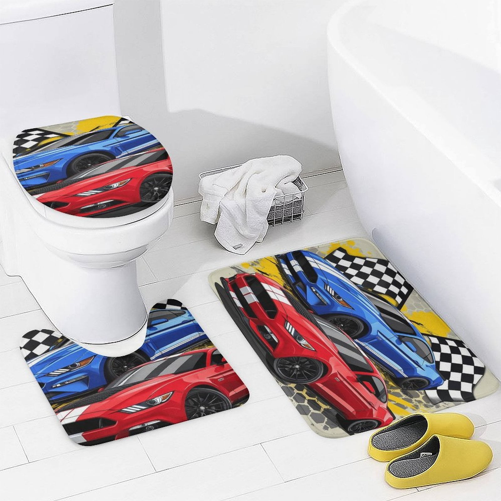 3D Cartoon Race Sports Car Shower Curtain Waterproof Bathroom Curtain Set with Hooks Home Decor Bathroom Curtains 4pcs