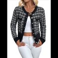 thumbnail image 1 of Blazer de A Cuadros para Mujer, Elegante, Informal, con Botones Al Frente, Cuello Redondo, Larga, Tejido Texturizado Negro L, 1 of 10