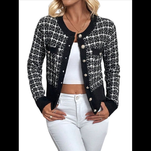 Blazer de A Cuadros para Mujer, Elegante, Informal, con Botones Al Frente, Cuello Redondo, Larga, Tejido Texturizado Negro XL
