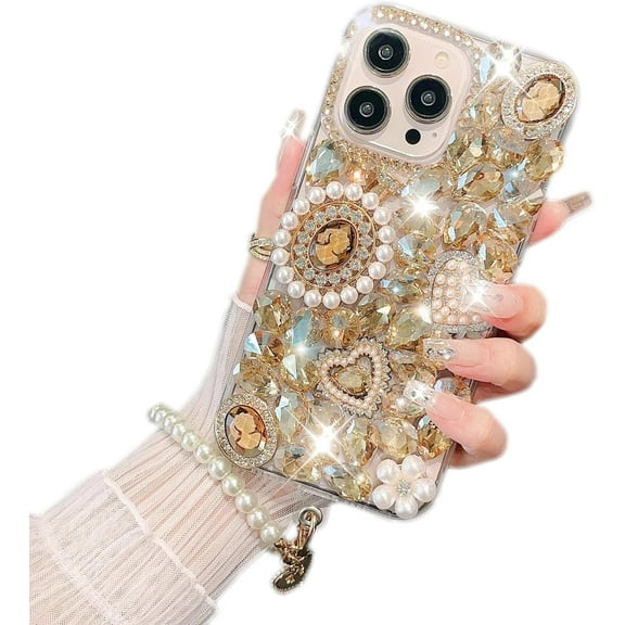 for iPhone 15 Pro Max Glitter Bling Case with Pearl Strap, Cute Luxury 3D Crystal Rhinestone Gemstone 3D Love Heart and Flowers Soft TPU Back Cover Case for Women Girls