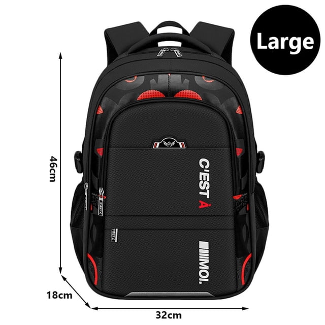 mochila escolar para niños, morral escolar de primaria para adolescentes, morral impermeable para libros mochila negra grande, vista frontal centrada con silueta rectangular y varios compartimentos; cierre de cremallera, tirantes acolchados y asa superior; nylon/oxford con detalles rojos y logos impresos, bolsillos laterales de malla y dimensiones 46×32×18 cm; también adecuada como mochila ligera para excursiones escolares.