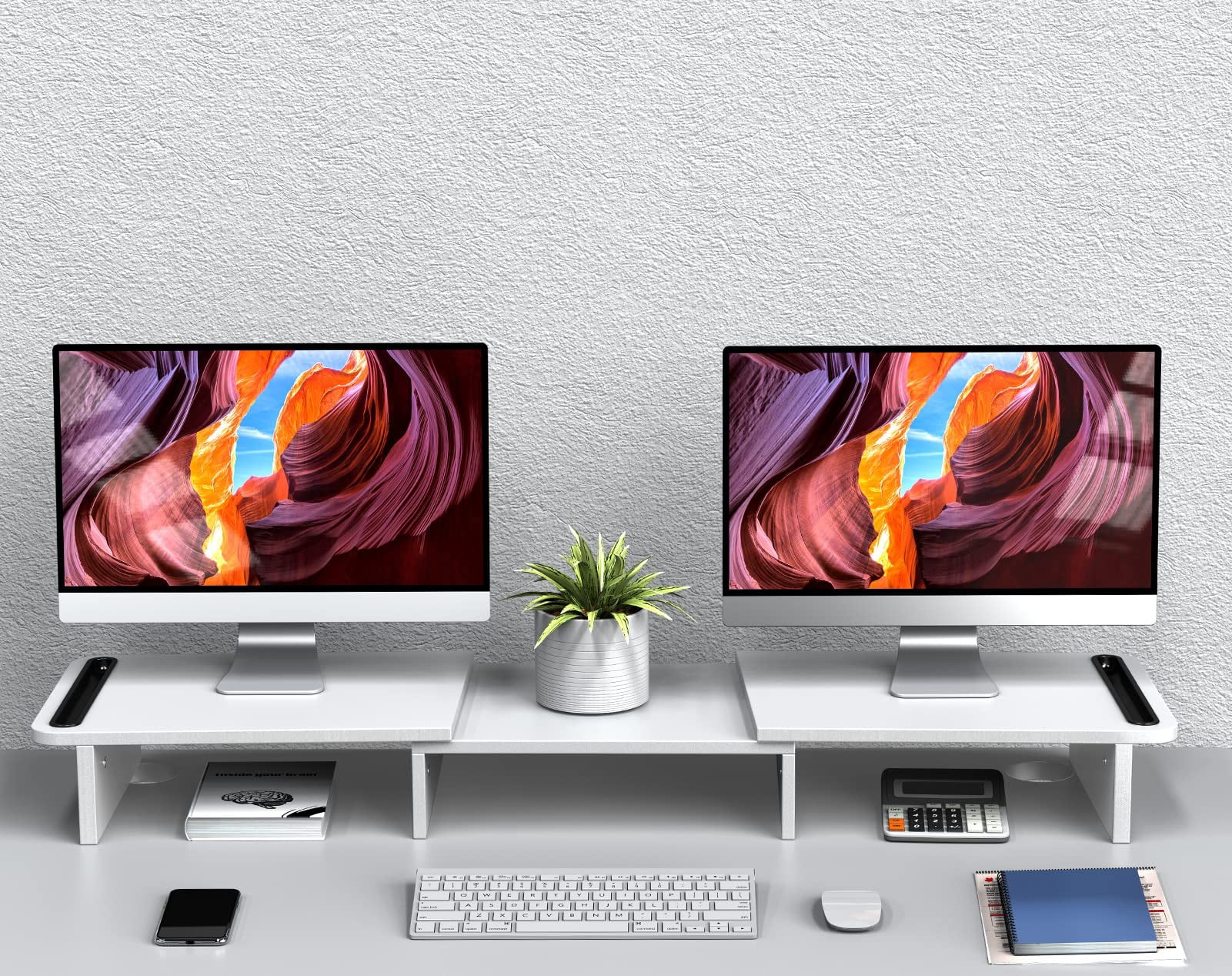 Dual Monitor Stand Riser  With Adjustable Length And Angle Wood For Desk 2 Monitors Storage Space