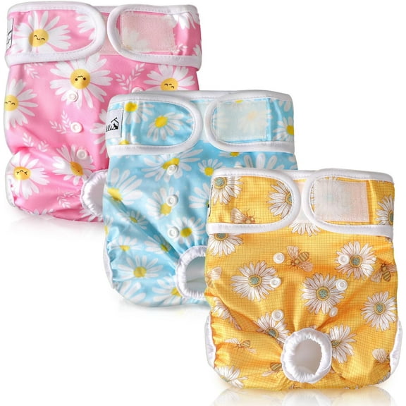 Washable Dog Diapers Female - 3 Pack No Leak Reusable Doggie Puppy Diaper with Adjustable Buttons, Comfortable Female Dog Diapers for Heat Cycle Period Small Medium Large Dogs (XS)