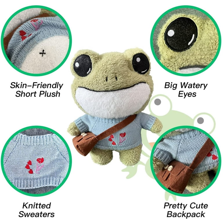 Frog Stuffed Animal Frog Plush with Accessories Plush Toy, Soft and Cute, with Clothes and Bag, Standing Frog Gift for Boys and Girls, Green