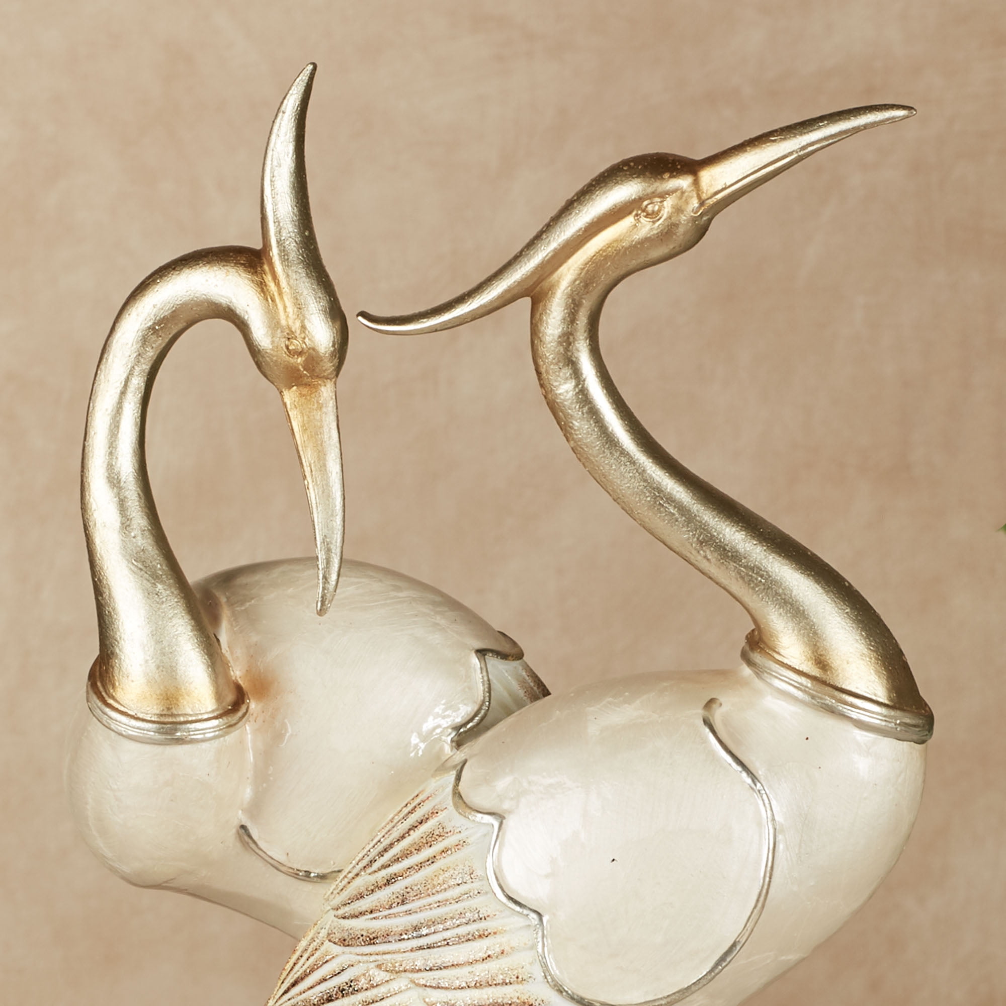 Pretty Pose Double Crane Metallic Table Sculpture Ivory and Gold