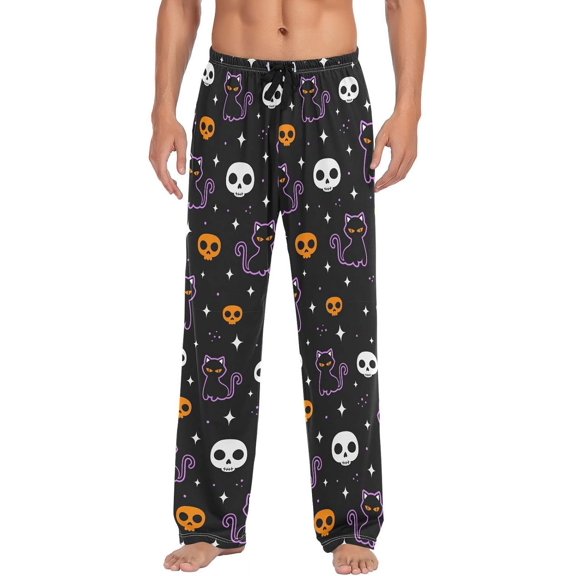 GZHJMY Men's Pajama Pants - Cute Cat Skull, Loose Thin PJs Lounge Sleep Bottoms with Pockets Drawstring, Pajama Bottoms for Home and Rest, Large