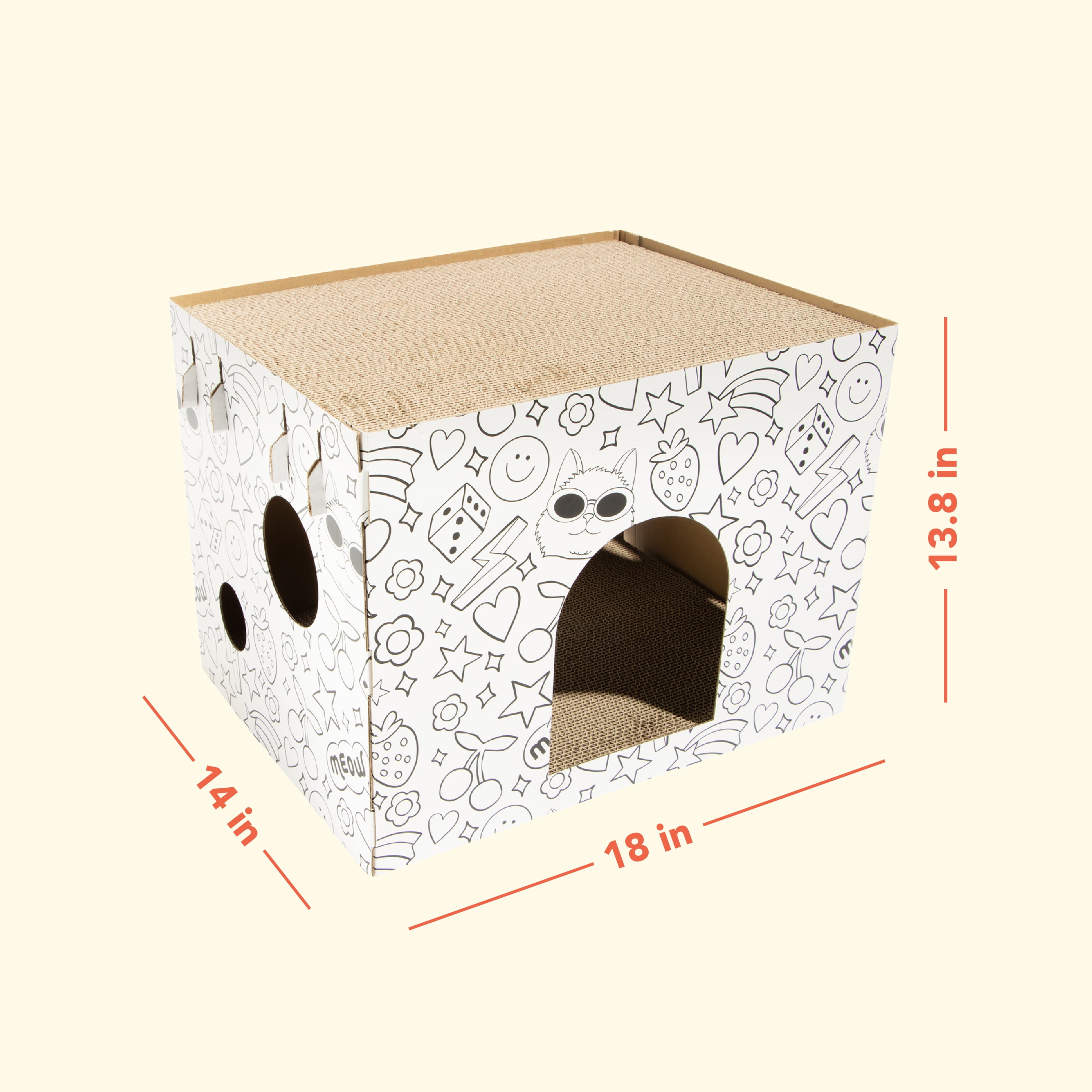 Oodles Customizable Doodle 1-Story Indoor Cardboard Cat Scratcher House with Durable Corrugated Scratching Pads, Multicolored, One Size