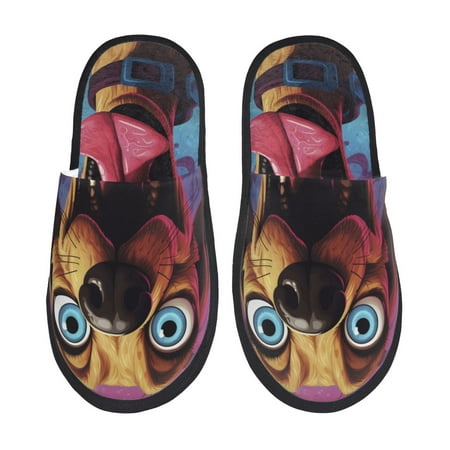 

Yiaed Cartoon Big-Eyed Dog Print Unisex House Slippers Slip on Warm Shoes Indoor Outdoor with Anti-slip sole-Large