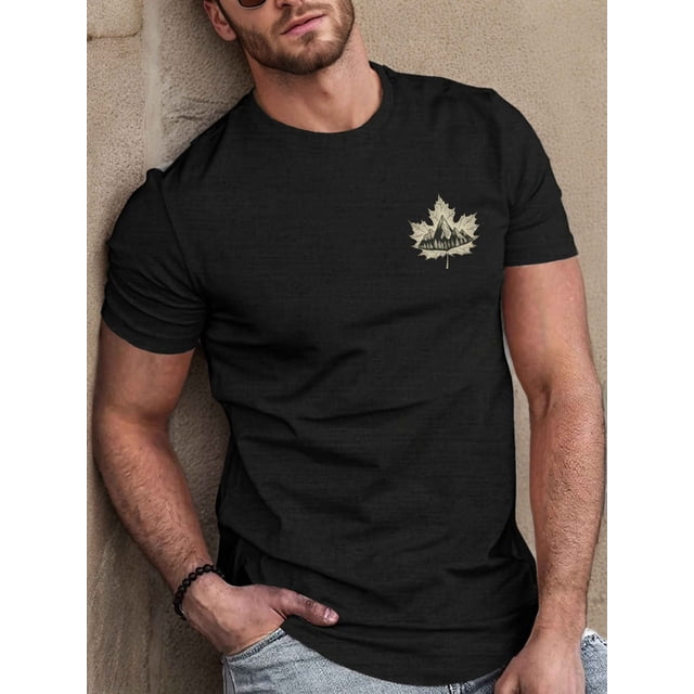 Maple Leaf with Mountains Print Tee Shirt, Tees for Men, Casual Short Sleeve T-Shirt for Summer, Casual Sporty Tee, Comfy Tee