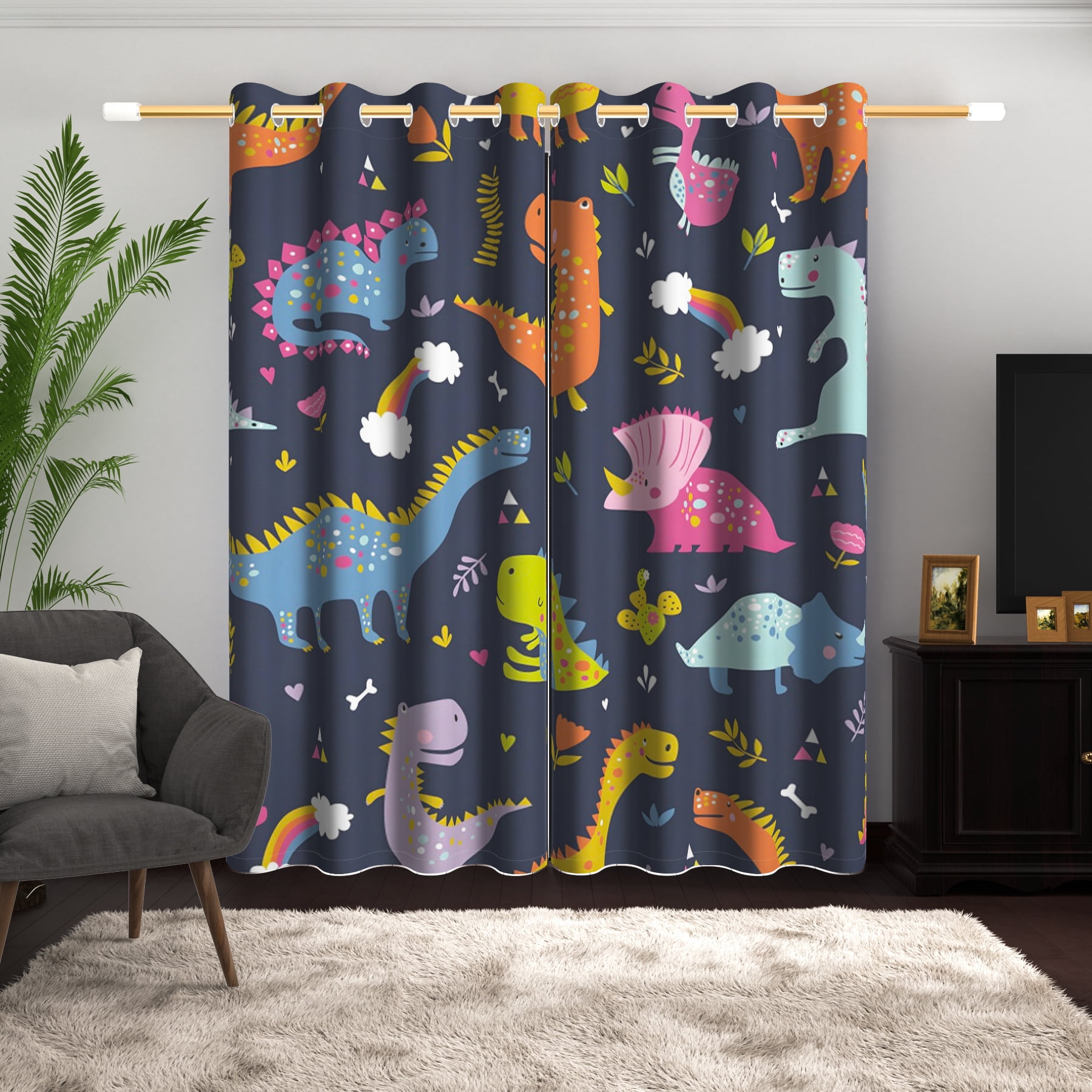 Lfeey Cute Dinosaur Cartoon Kids Room Blackout Curtains, Room Darkening Grommet Curtains, Black, 42x63 in, 2 Panels