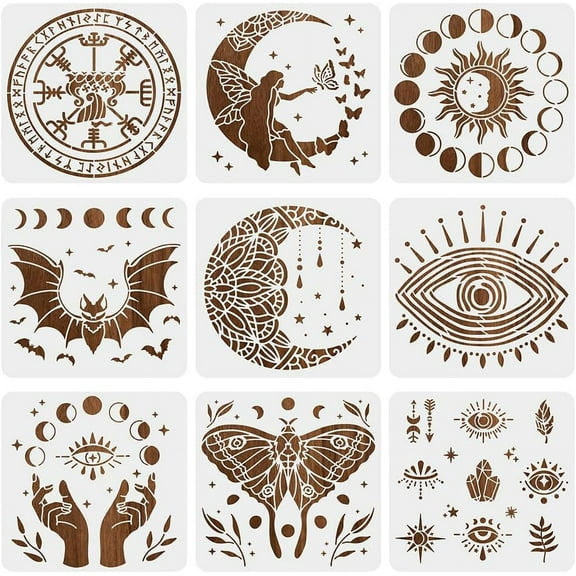 9pcs Magic Theme Painting Stencils 12x12 Inch Moon Fairy Eye Reusable Stencil Cut Painting Template DIY for Painting on Furniture Canvas Home Wall Decor DIY Art Crafts
