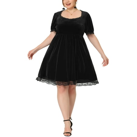 Agnes Orinda Women s Plus Size Elastic Waist Lace Trim Babydoll Flare Party Velvet Dress 1X Black