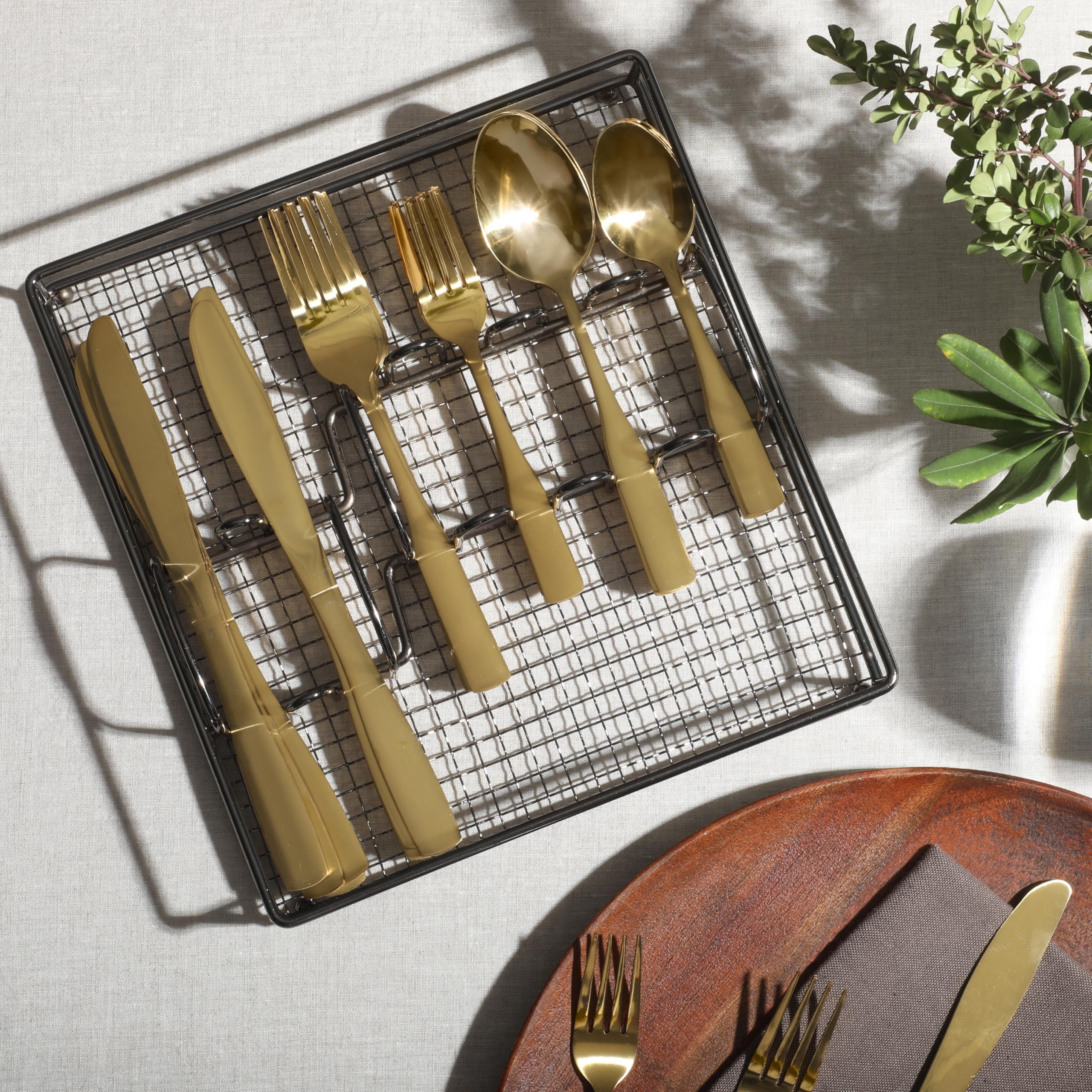 Gibson Home 144315.41 Abbeville Stainless Steel Flatware Set with Wire Caddy, Gold - 41 Piece