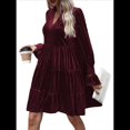 thumbnail image 3 of Vestido Babydoll Elegante de Terciopelo para Mujer, de Larga, Informal, con Escote en V, Corte A, Fluido, Formal, para Fiesta de Boda. Rojo Vino XL, 3 of 8