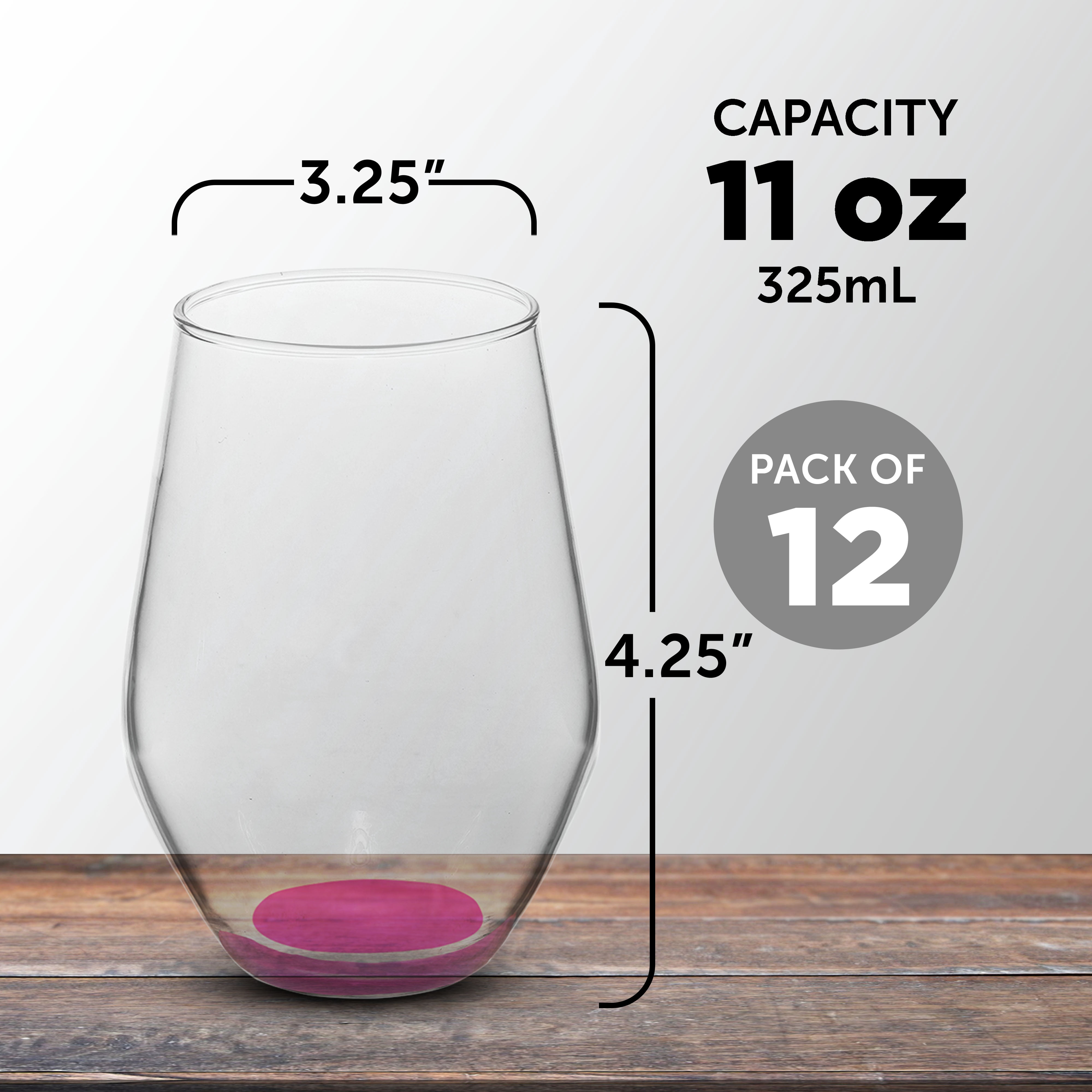 Concerto Stemless Wine Glasses 11 oz. Set of 12, Bulk Pack - Restaurant Glassware, Perfect for Red Wine, White Wine or Cocktails - Pink