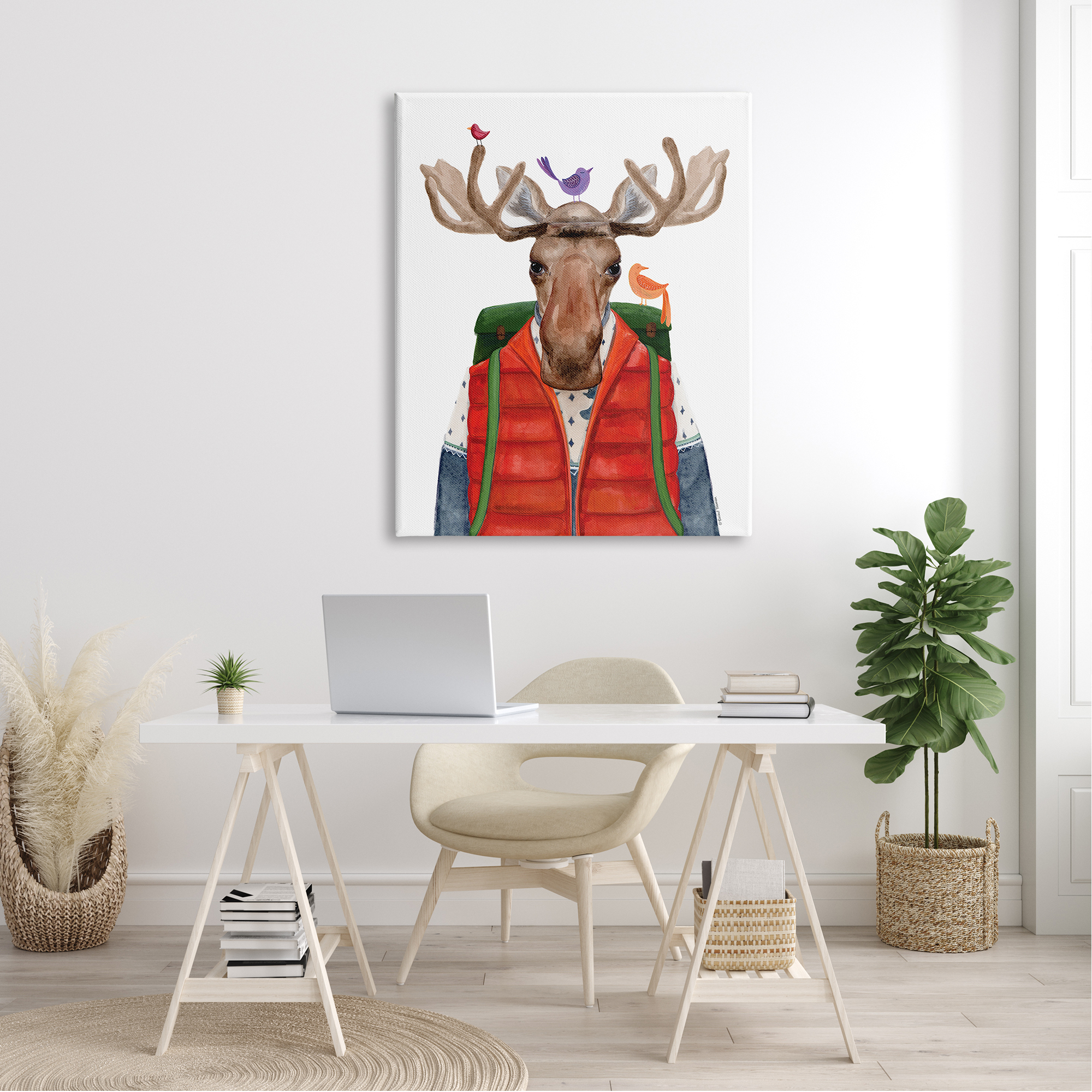 Stupell Industries Rustic Camp Attire Moose Antlers Perched Birds Canvas Wall Art, 36 x 48, Design by Rachel Nieman