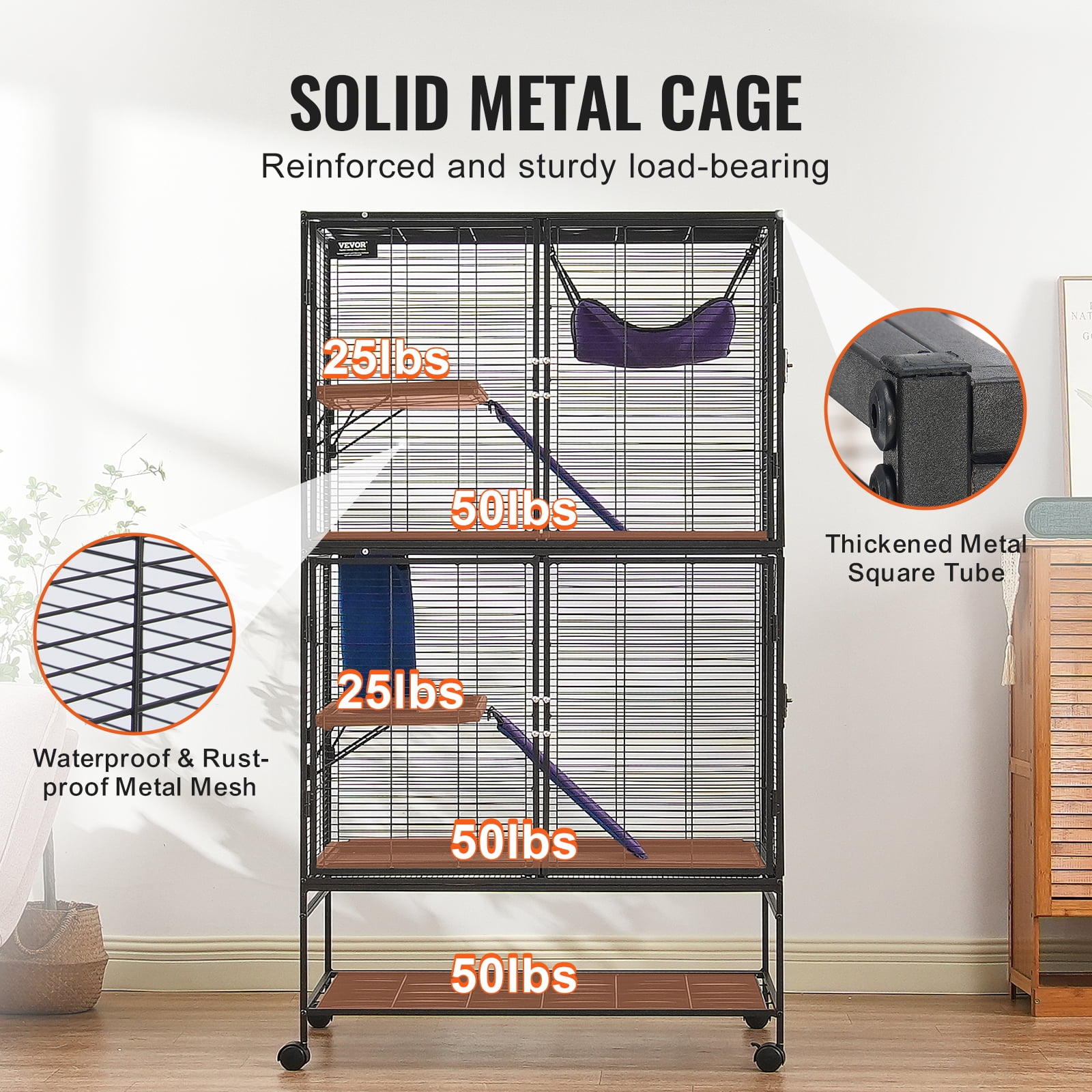 VEVOR 64.6" Rolling Metal Ferret Cage, Large 4-Tier Small Animal Cage with Ramps & Tray, Easy to Set up for Pet Rats, Hamster, Guinea Pig, Chinchilla, Squirrel, Hedgehogs, Bunny