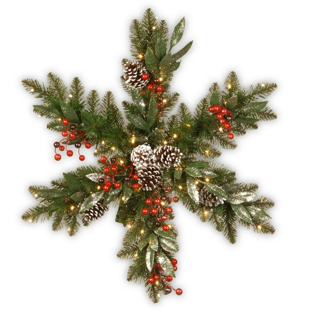 32 "Pin Givré Berry Collection Flocon de Neige W / Grands Cônes à Bords Blancs, Baies Rouges, Feuilles d'Eucalyptus Scintillantes Argentées & 35 Lts LED Fonctionnant sur Batterie Blanc Chaud avec Minuterie