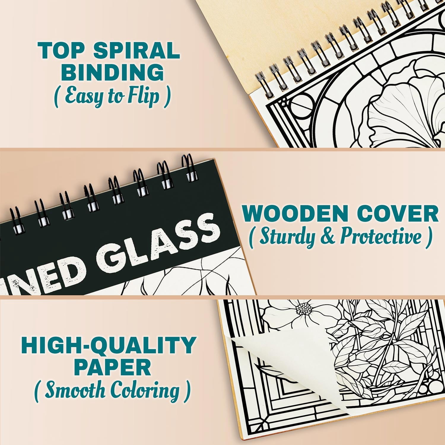 Netecom Stained Glass Flowers Coloring Book Spiral Bound for Adults, A5 Wooden Cover, 30 Delicate Coloring Pages of Beautiful Flowers for Stress Relief and Relaxation