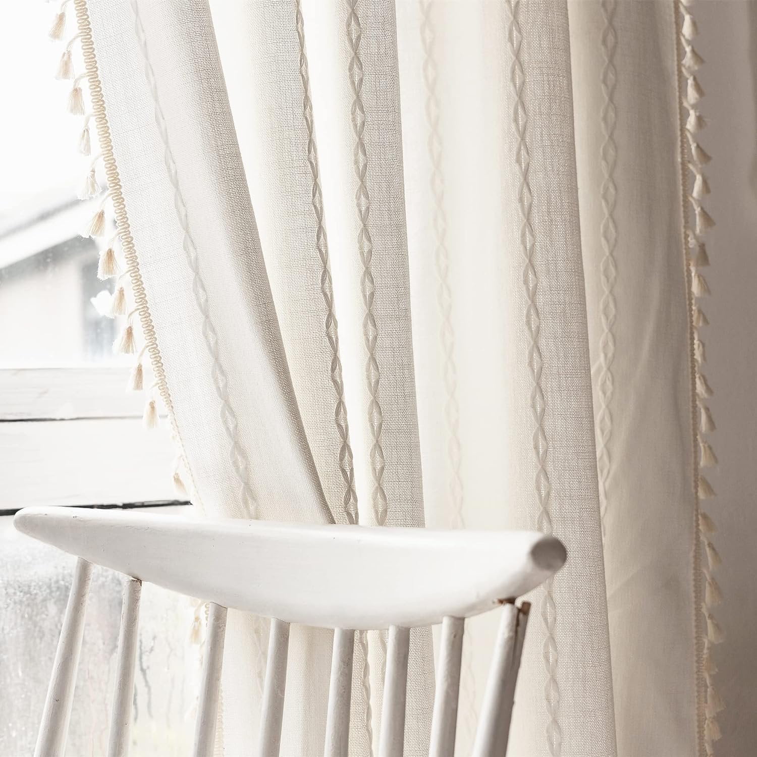 Psoiuetr White Boho Curtains for Bedroom Living Room Linen Cotton Embroidered Semi Blackout Farmhouse Window Treatment Drape Vintage Tassels Rod Pocket 1 Panel 52" W x 63" L
