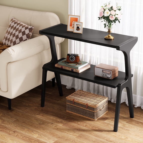 Slim End Table with 2 Tiers, Modern Tall Sofa Side Table with Storage Shelves, Narrow Bedside Nightstand for Living Room or Bedroom