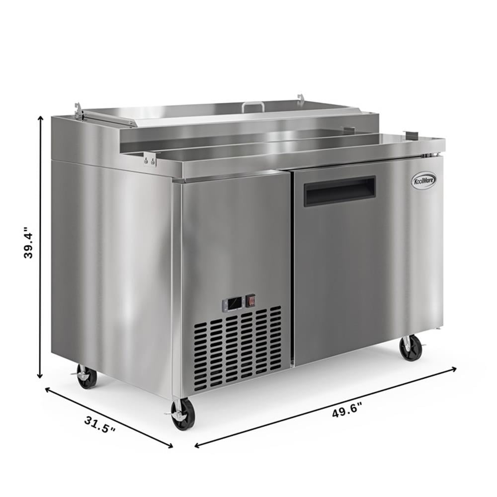 Pemberly Row Silver 50" One Door Commercial Pizza Prep Refrigerator in Steel
