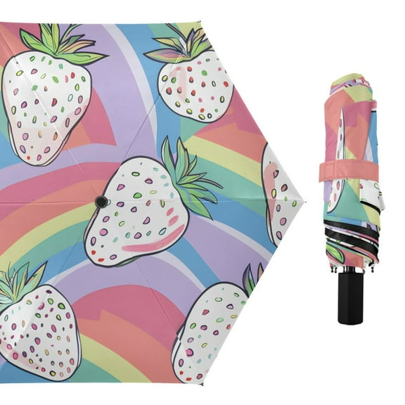 White Strawberries Cartoon Rainbow All Weather Umbrella Triple Folding Parasol 6 Ribs UV Protection Portable