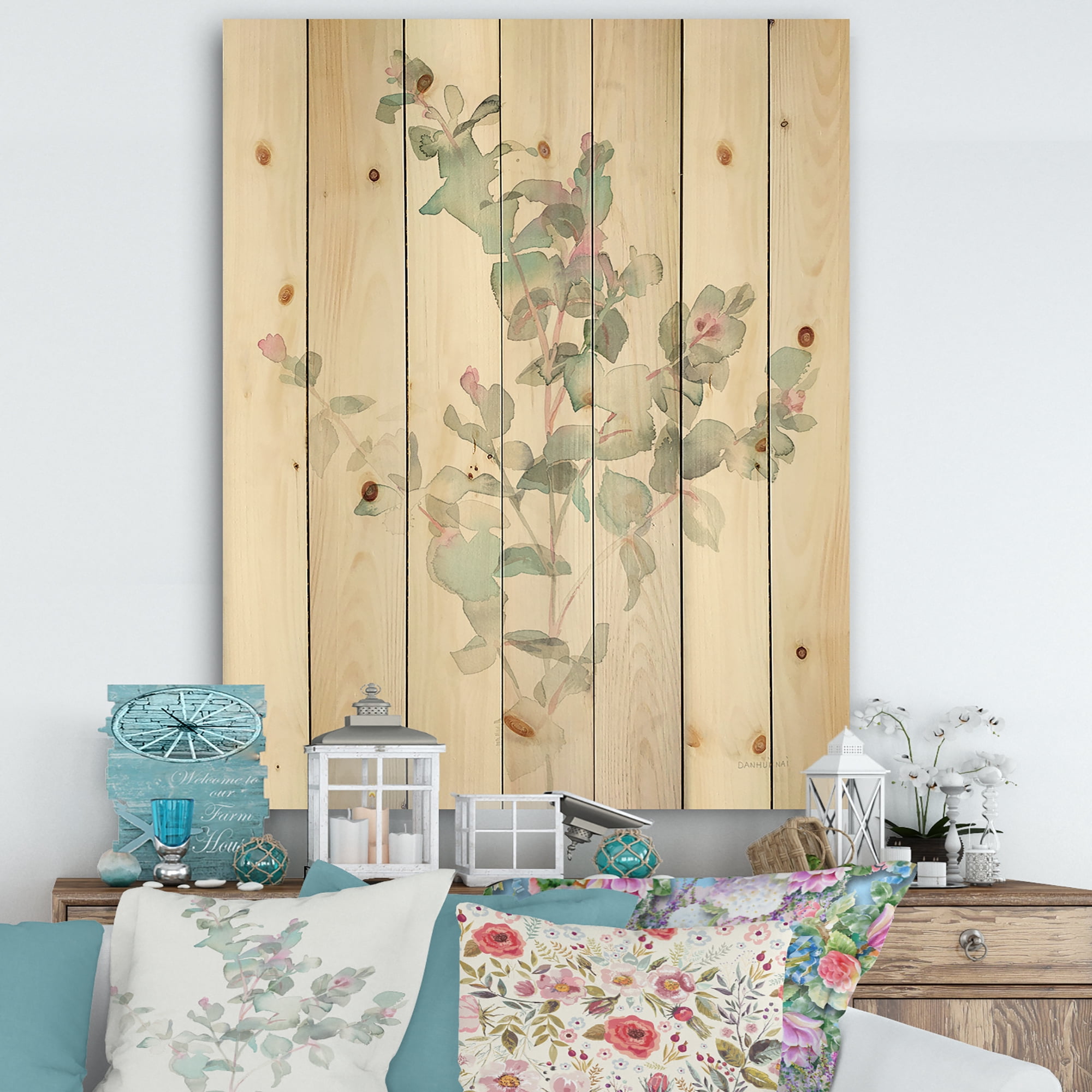 Designart 'Eucalyptus leaves II' Farmhouse Print on Natural Pine Wood