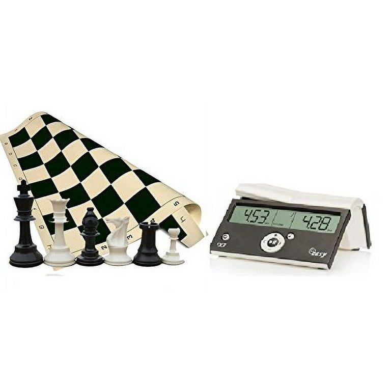 Tournament Chess Set - 34 Chess Pieces - Black Chess Board (20 x 20 Vinyl  Rollup) - DGT Black Easy Chess Timer Game Clock ChessCentral's Play Chess  - Have Fun! E-Book- 