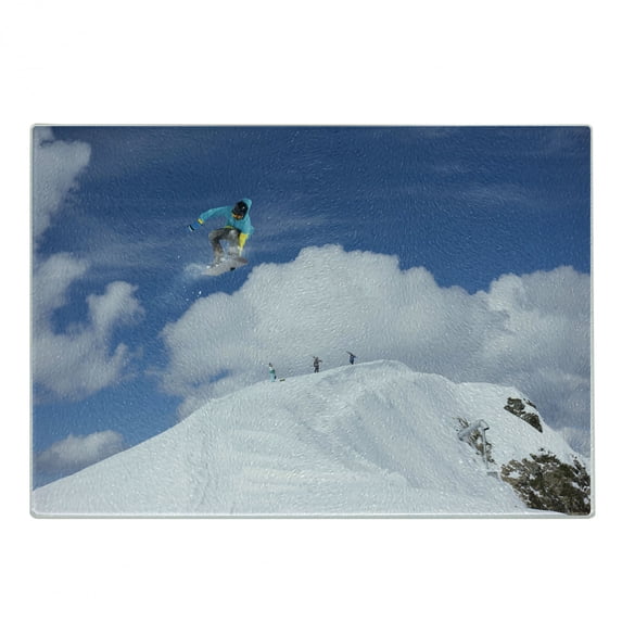 Winter Cutting Board, Flying Snowboarder on the Mountaintop with Cloudy Sky Extreme Sports Theme Photo, Decorative Tempered Glass Cutting and Serving Board, Small Size, Blue White, by Ambesonne