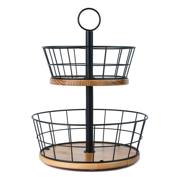 WILDMOS Handles Pine Wood 2 Tier Fruit Basket, Black Farmhouse