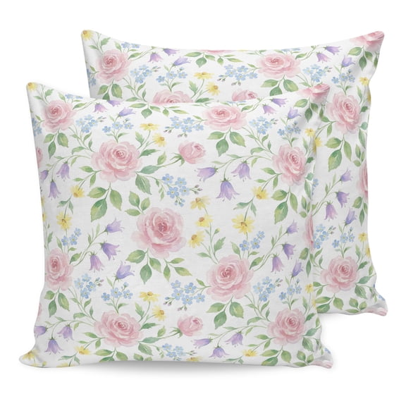 Pillow Covers 16x16 Set of 2, Pink Spring Floral Throw Pillow Covers Decorative Couch Cushion Cover, Elegant Watercolor Pastoral Flowers Microfiber Soft Square Pillowcases for Bedroom Living Room