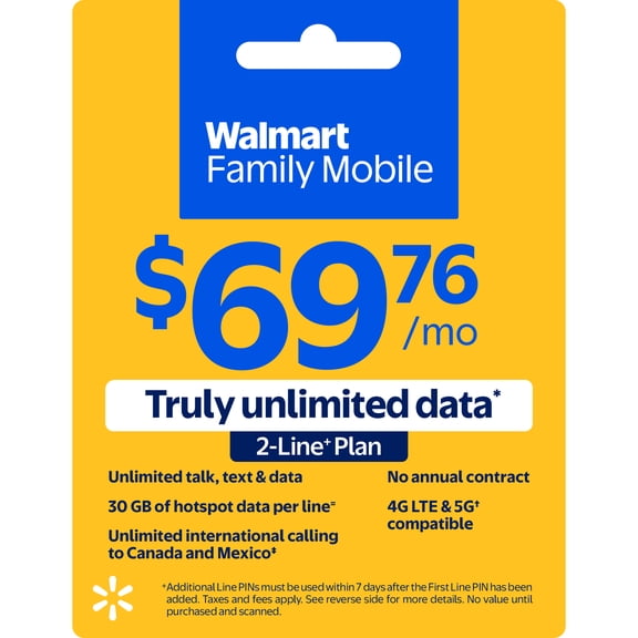 Walmart Family Mobile Unlimited 2-line Plan w 30GB of Mobile Hotspot per line e-PIN Top Up (Email Delivery)