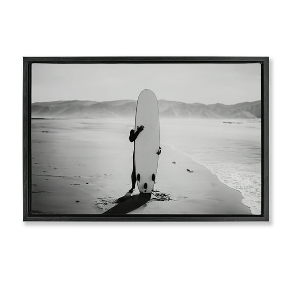 Stupell Industries Hiding with Surfboard Sports Photography Black Floater Framed Canvas Art Print Wall Art, 25 x 17