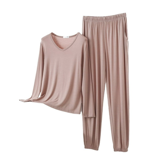 Women Pajama Sets V Neck Long Sleeved Plus Size Home Suit Set For Women Thin Design Solid Color Long Sleeved Pants Two Piece Set Woman Blending Pajamas