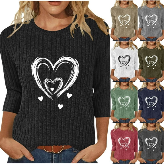 Ashirexll Long Sleeve Shirts for Women Winter Tops Printed Hooded Round Neck 3/4 Sleeve Casual Fall Blouse